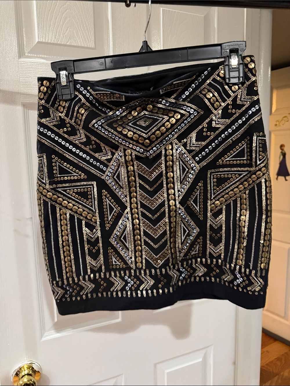 Express Black Mini Skirt with Gold and Silver Geometric Embellishments